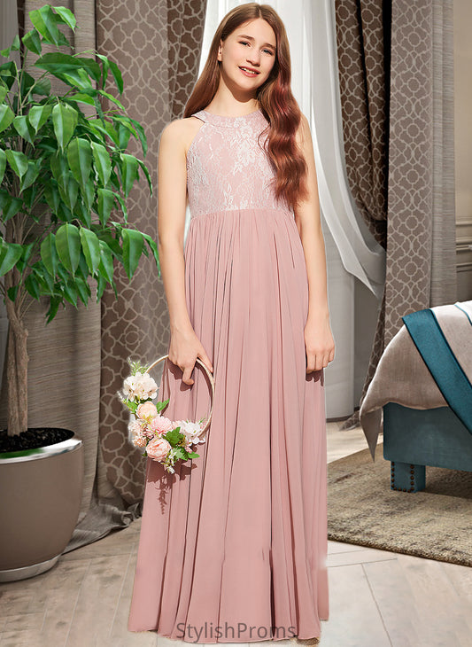 Selina A-Line Scoop Neck Floor-Length Chiffon Lace Junior Bridesmaid Dress With Sequins HQP0013655