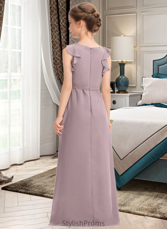 Simone A-Line Scoop Neck Floor-Length Chiffon Junior Bridesmaid Dress With Bow(s) Cascading Ruffles HQP0013659