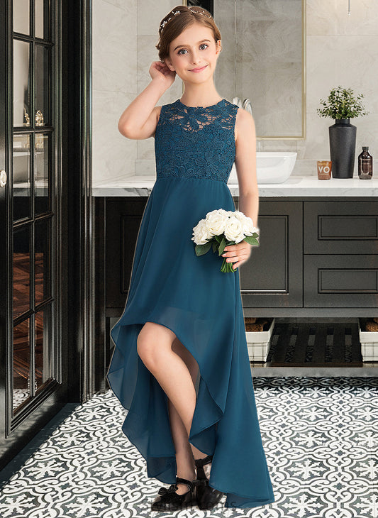 Karma A-Line Scoop Neck Asymmetrical Chiffon Lace Junior Bridesmaid Dress HQP0013661