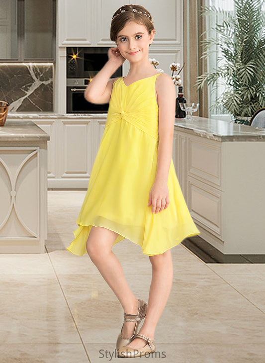 Zoey A-Line V-neck Knee-Length Chiffon Junior Bridesmaid Dress With Ruffle HQP0013664