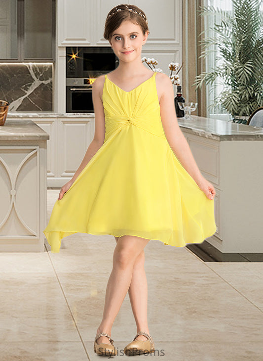 Zoey A-Line V-neck Knee-Length Chiffon Junior Bridesmaid Dress With Ruffle HQP0013664