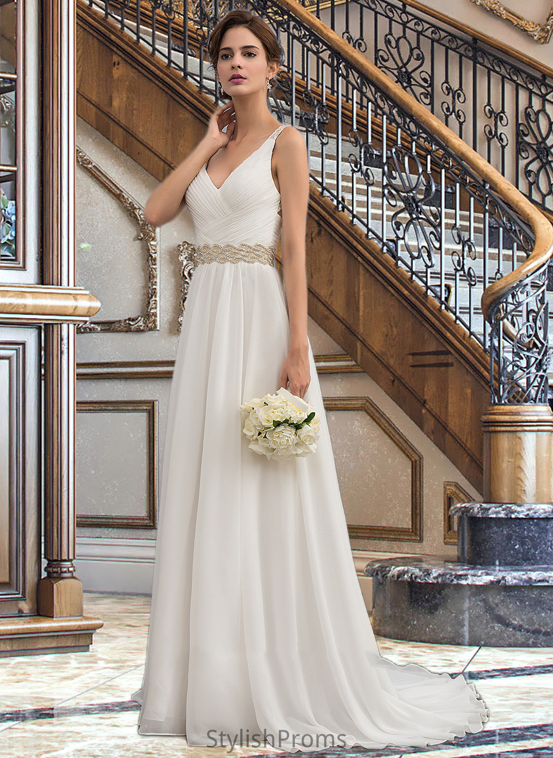 Rhoda A-Line V-neck Sweep Train Chiffon Wedding Dress With Ruffle Lace Beading Sequins HQP0013705