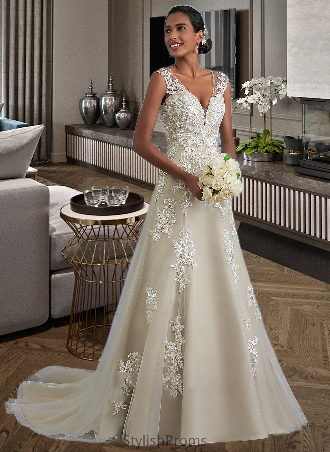 Araceli A-Line V-neck Court Train Tulle Lace Wedding Dress With Beading Sequins HQP0013709