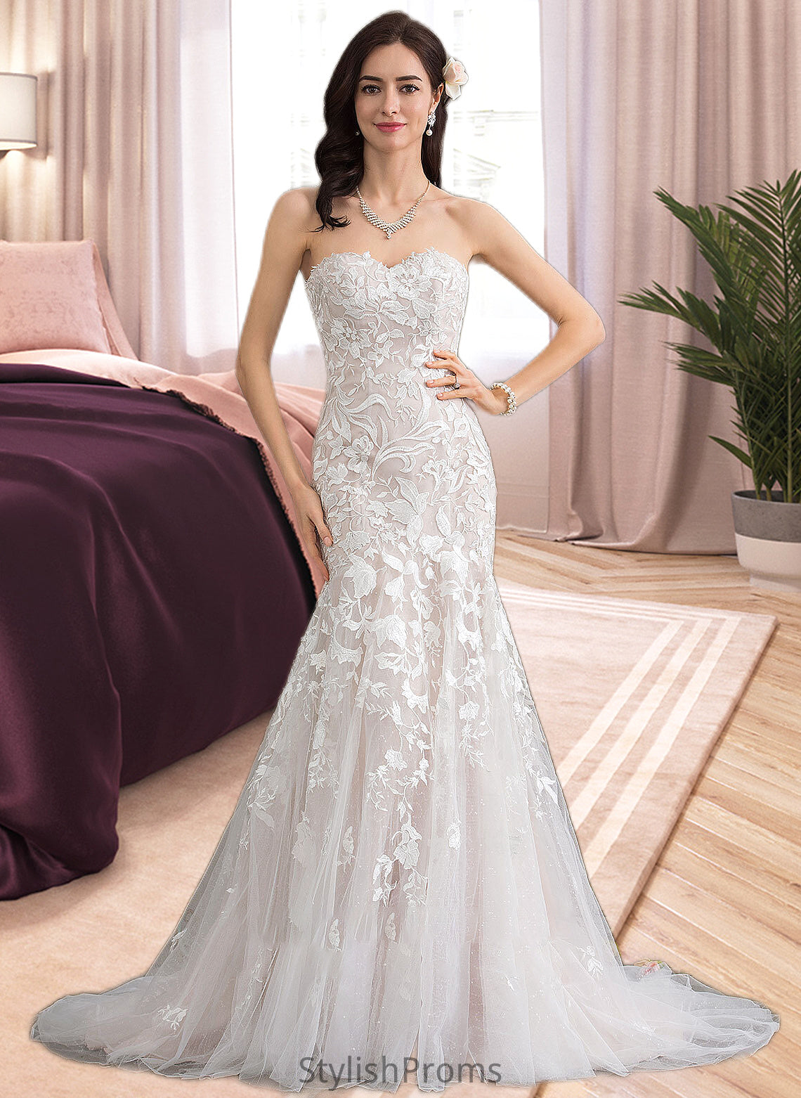 Pru Trumpet/Mermaid Sweetheart Court Train Tulle Lace Wedding Dress HQP0013710