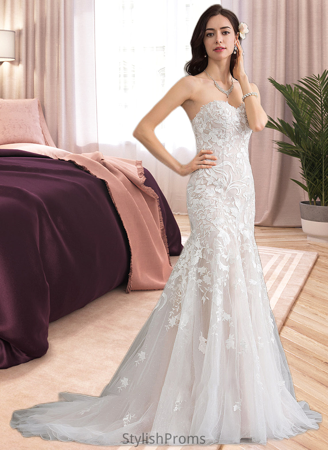 Pru Trumpet/Mermaid Sweetheart Court Train Tulle Lace Wedding Dress HQP0013710