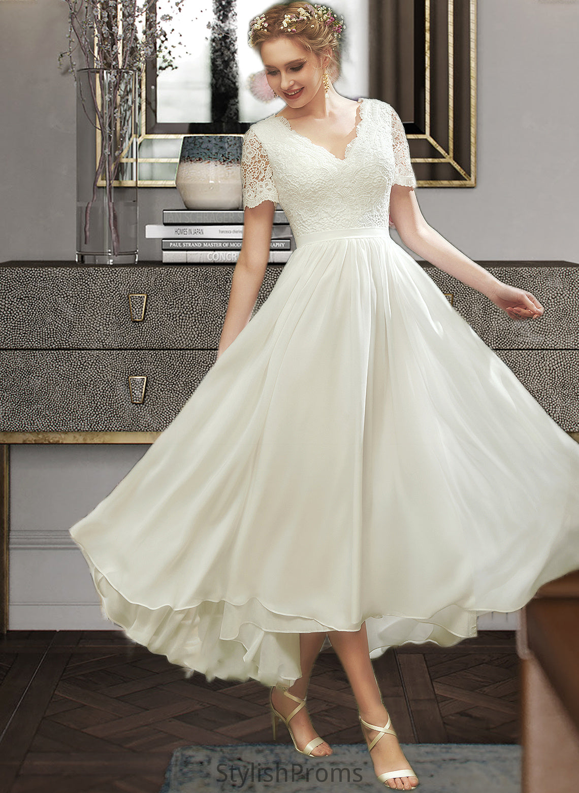 Kylee A-Line V-neck Asymmetrical Wedding Dress With Lace HQP0013712