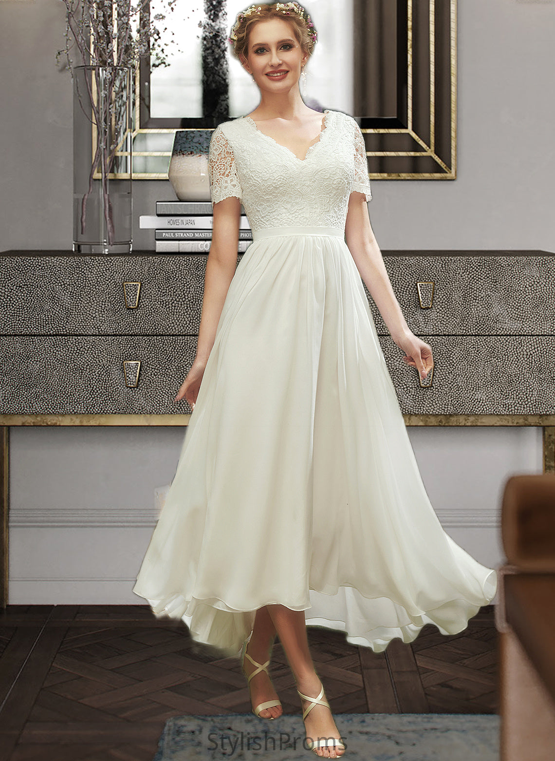 Kylee A-Line V-neck Asymmetrical Wedding Dress With Lace HQP0013712