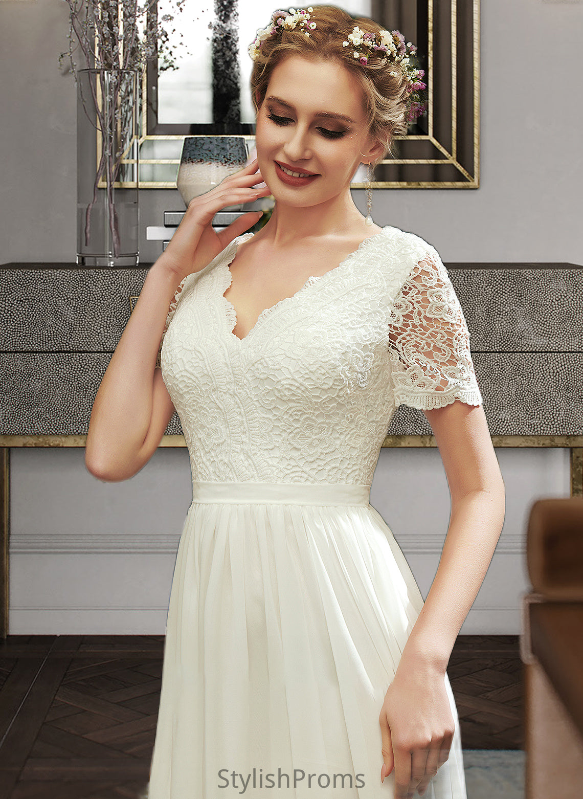 Kylee A-Line V-neck Asymmetrical Wedding Dress With Lace HQP0013712