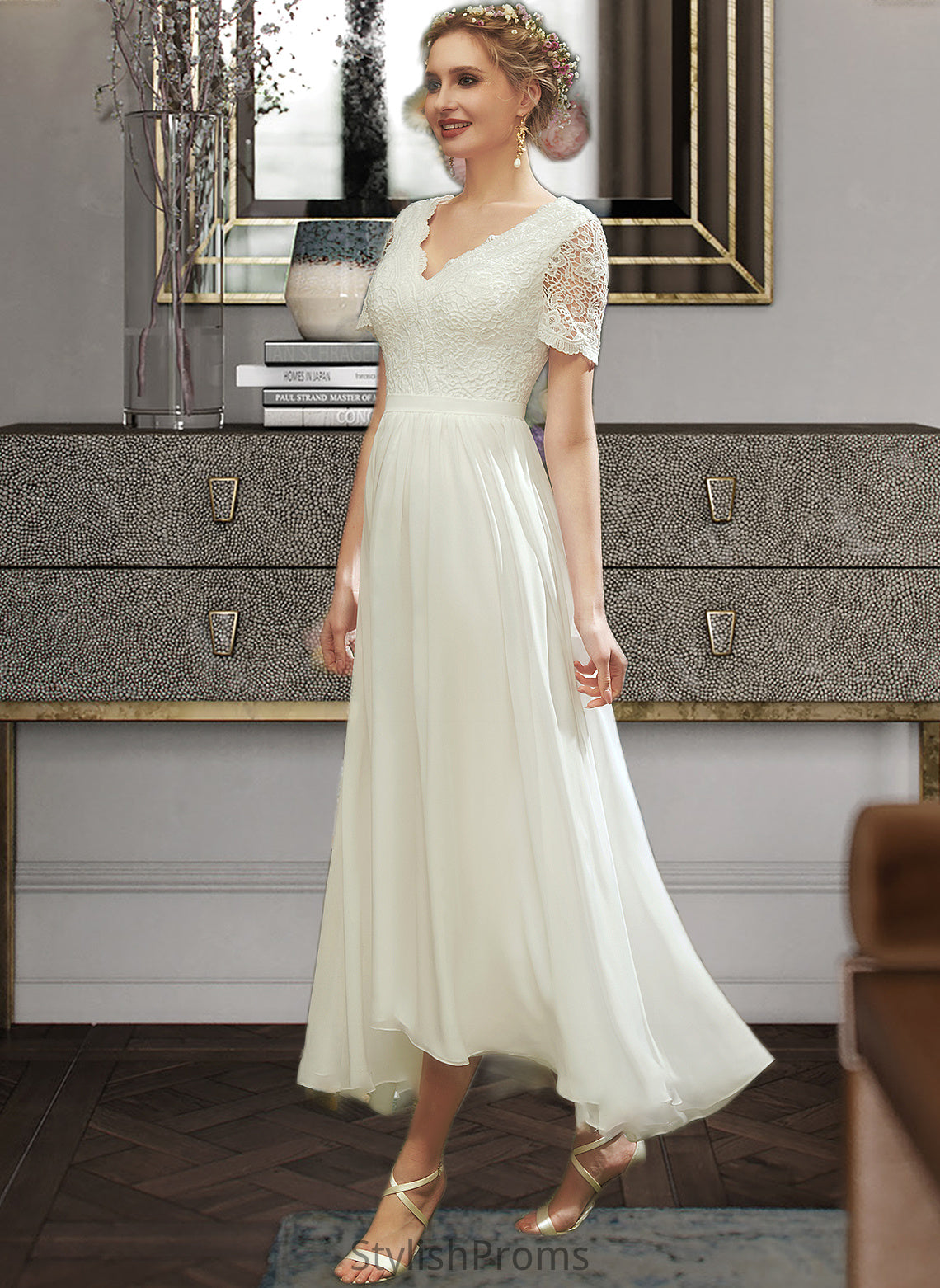 Kylee A-Line V-neck Asymmetrical Wedding Dress With Lace HQP0013712