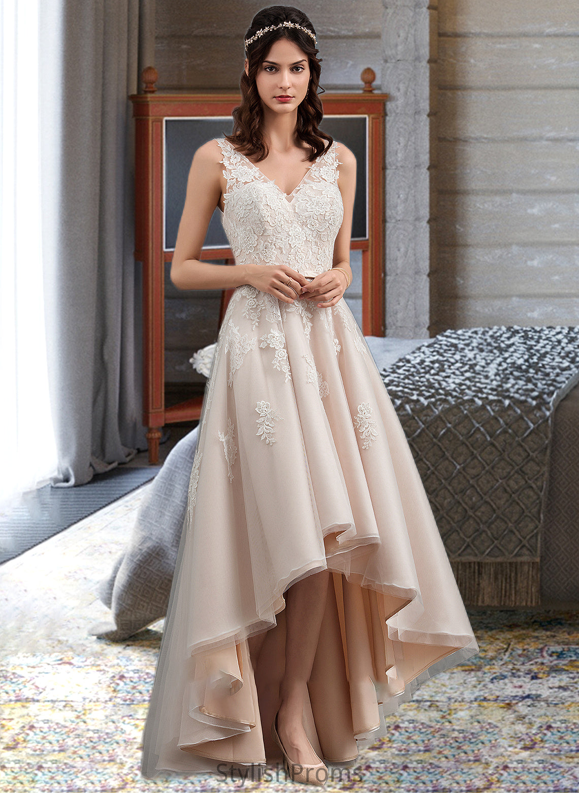 Destiney A-Line V-neck Asymmetrical Tulle Lace Wedding Dress With Bow(s) HQP0013717