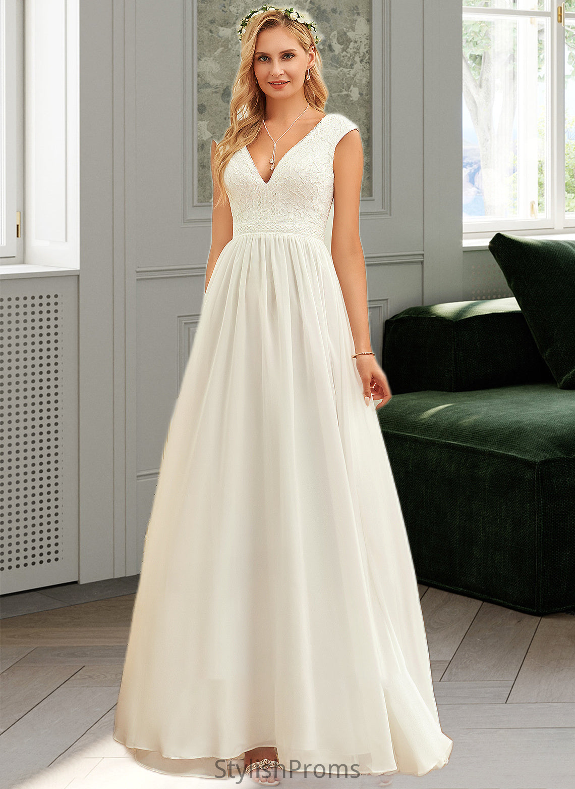 Violet A-Line V-neck Floor-Length Chiffon Lace Wedding Dress HQP0013722