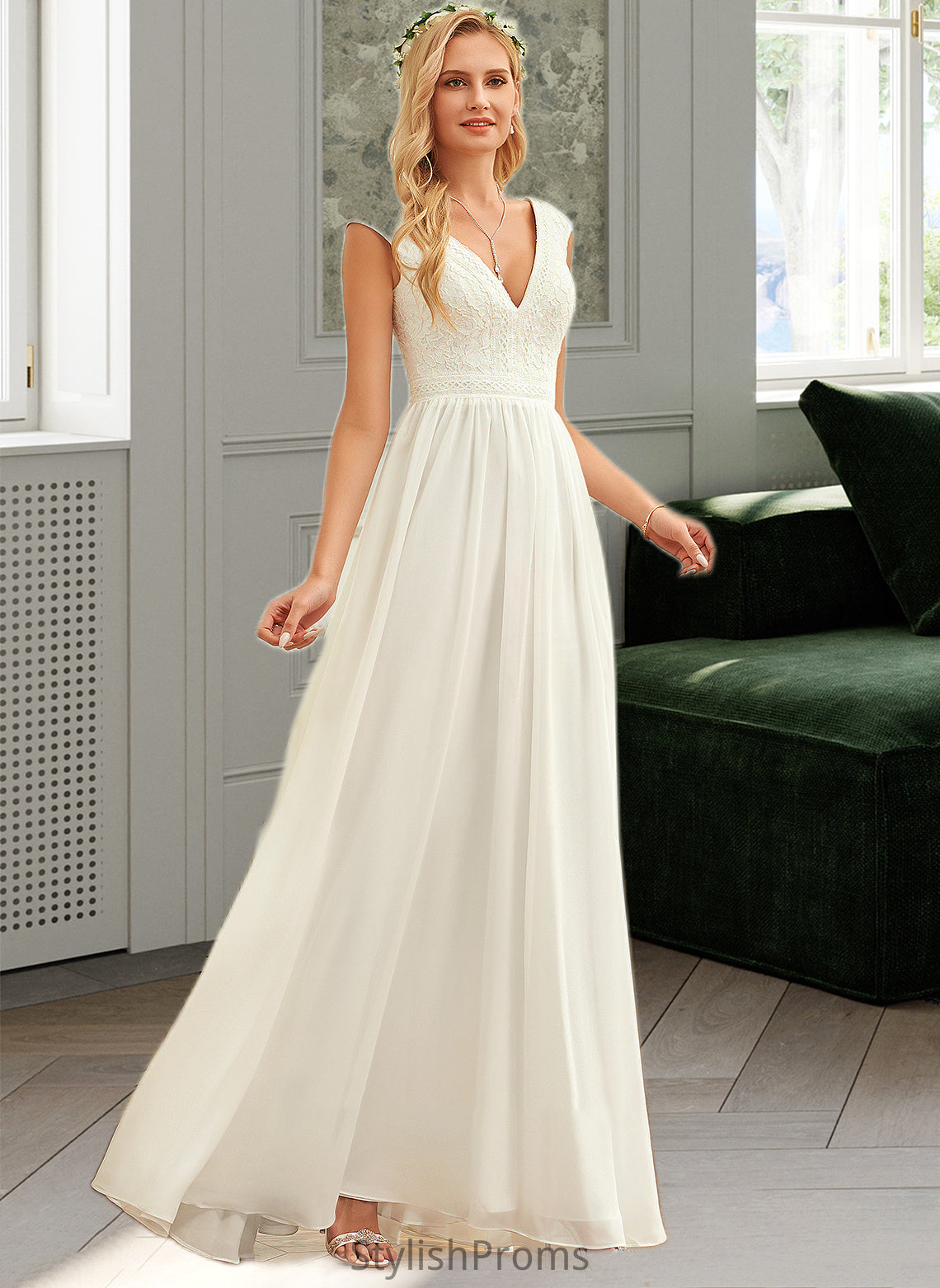 Violet A-Line V-neck Floor-Length Chiffon Lace Wedding Dress HQP0013722