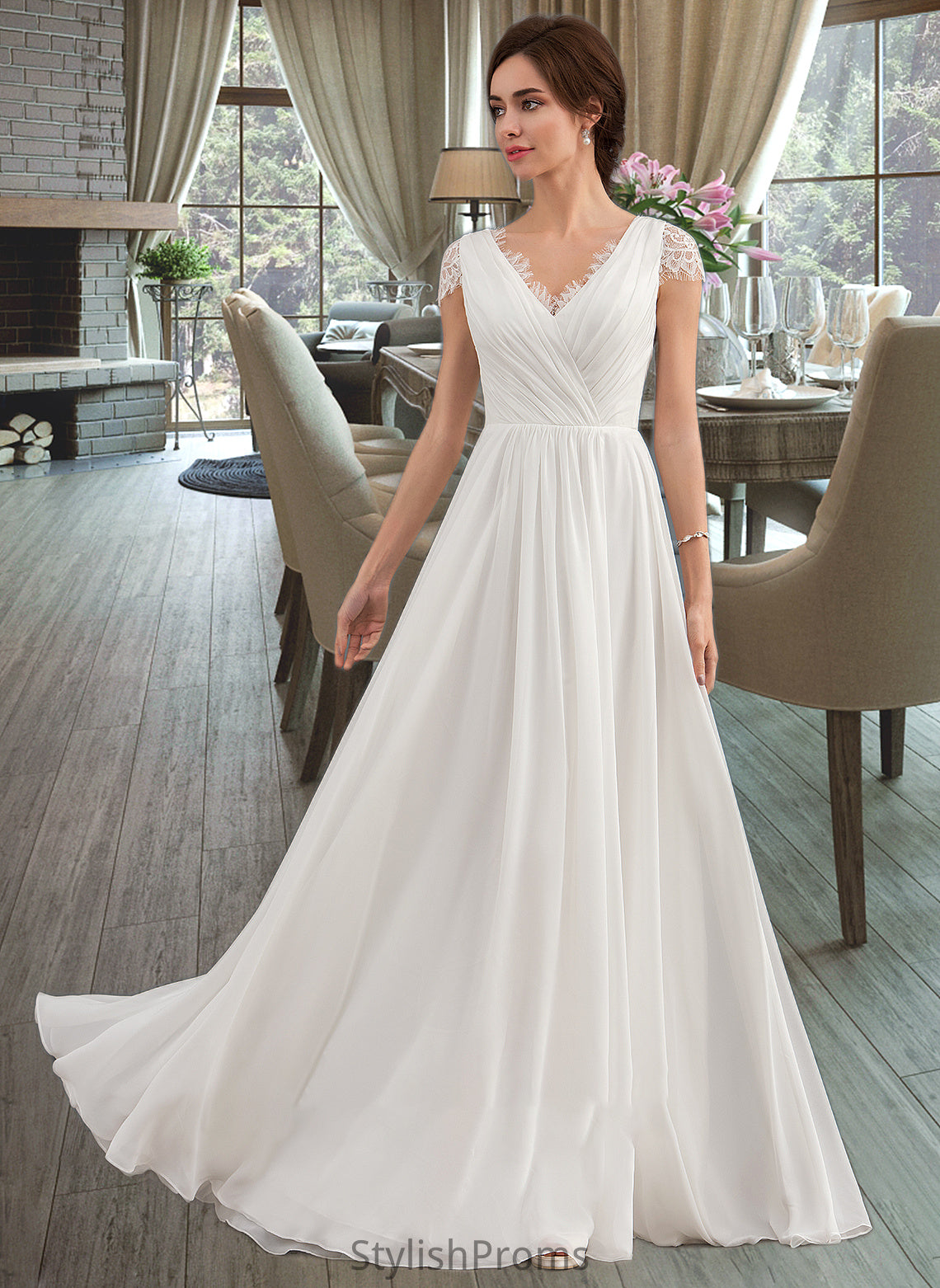 Karsyn A-Line V-neck Floor-Length Chiffon Lace Wedding Dress With Ruffle HQP0013729