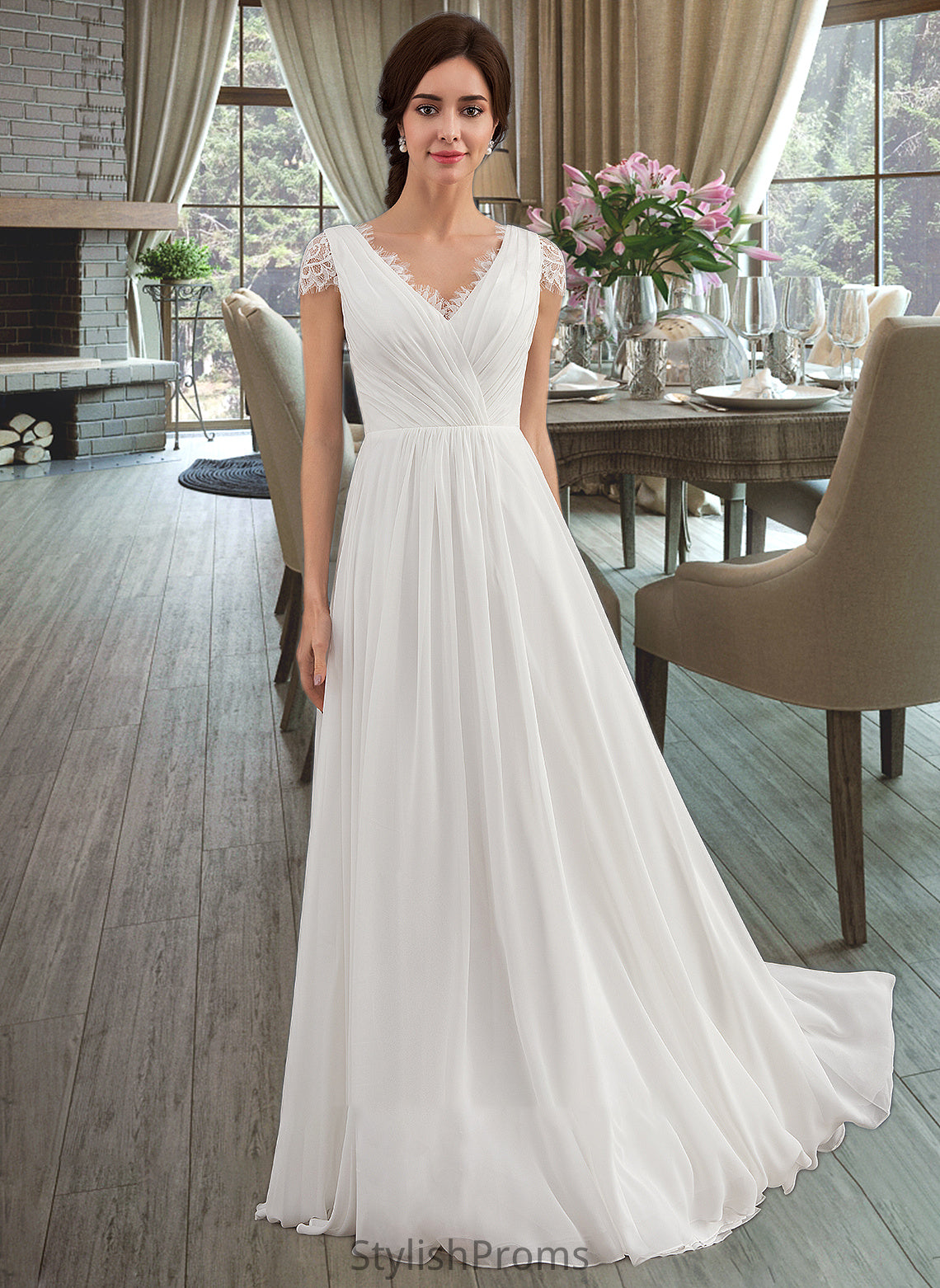 Karsyn A-Line V-neck Floor-Length Chiffon Lace Wedding Dress With Ruffle HQP0013729