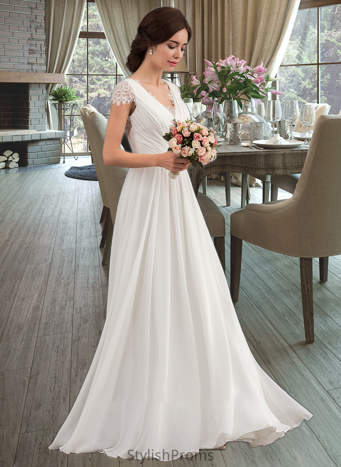 Karsyn A-Line V-neck Floor-Length Chiffon Lace Wedding Dress With Ruffle HQP0013729