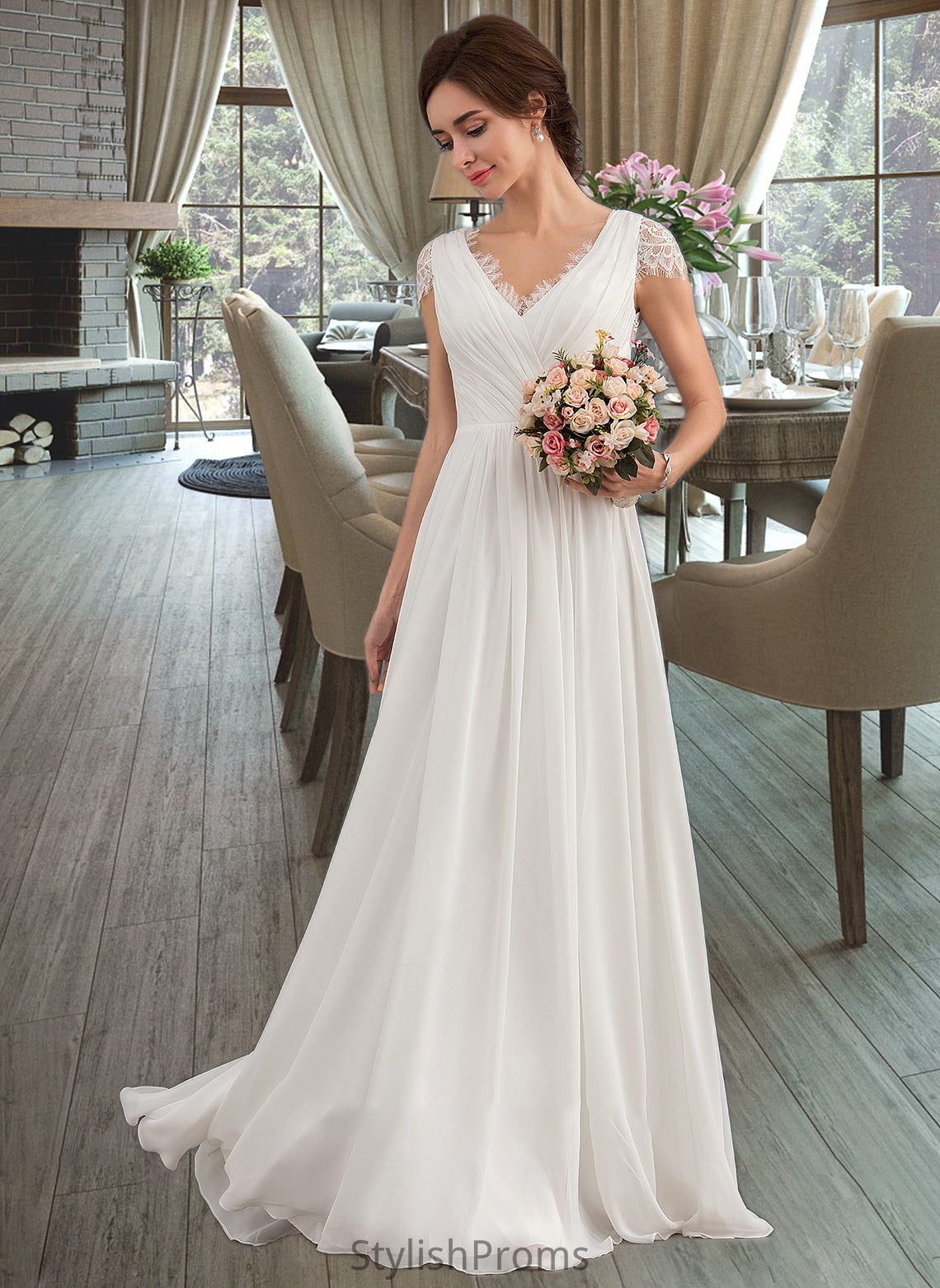 Karsyn A-Line V-neck Floor-Length Chiffon Lace Wedding Dress With Ruffle HQP0013729