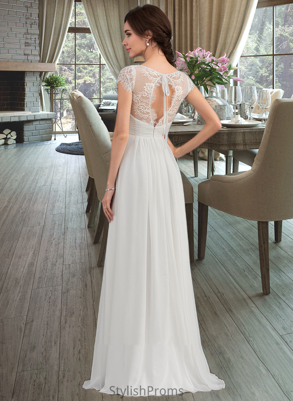 Karsyn A-Line V-neck Floor-Length Chiffon Lace Wedding Dress With Ruffle HQP0013729