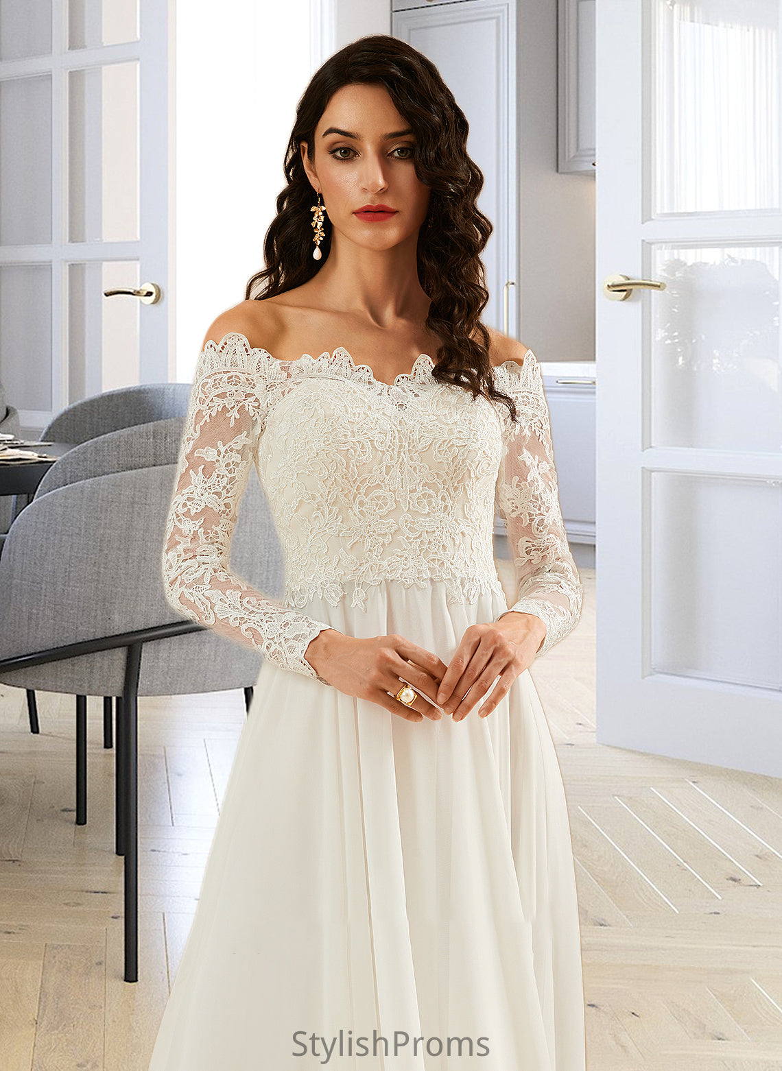 Gwendoline A-Line Off-the-Shoulder Sweep Train Wedding Dress With Lace HQP0013734