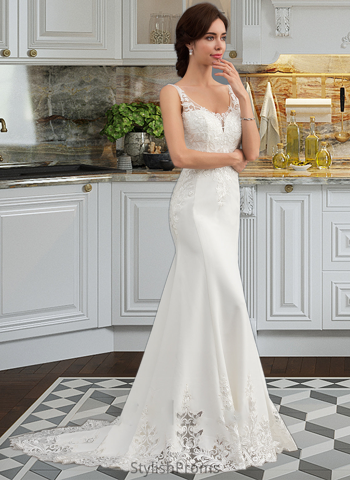 Mary Trumpet/Mermaid V-neck Court Train Lace Stretch Crepe Wedding Dress With Sequins HQP0013738