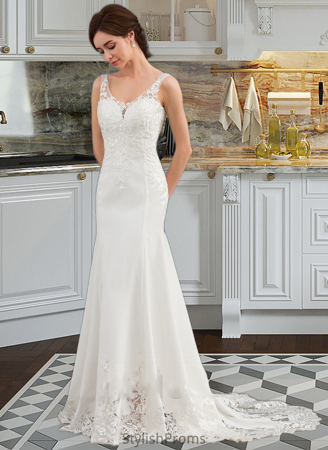 Mary Trumpet/Mermaid V-neck Court Train Lace Stretch Crepe Wedding Dress With Sequins HQP0013738