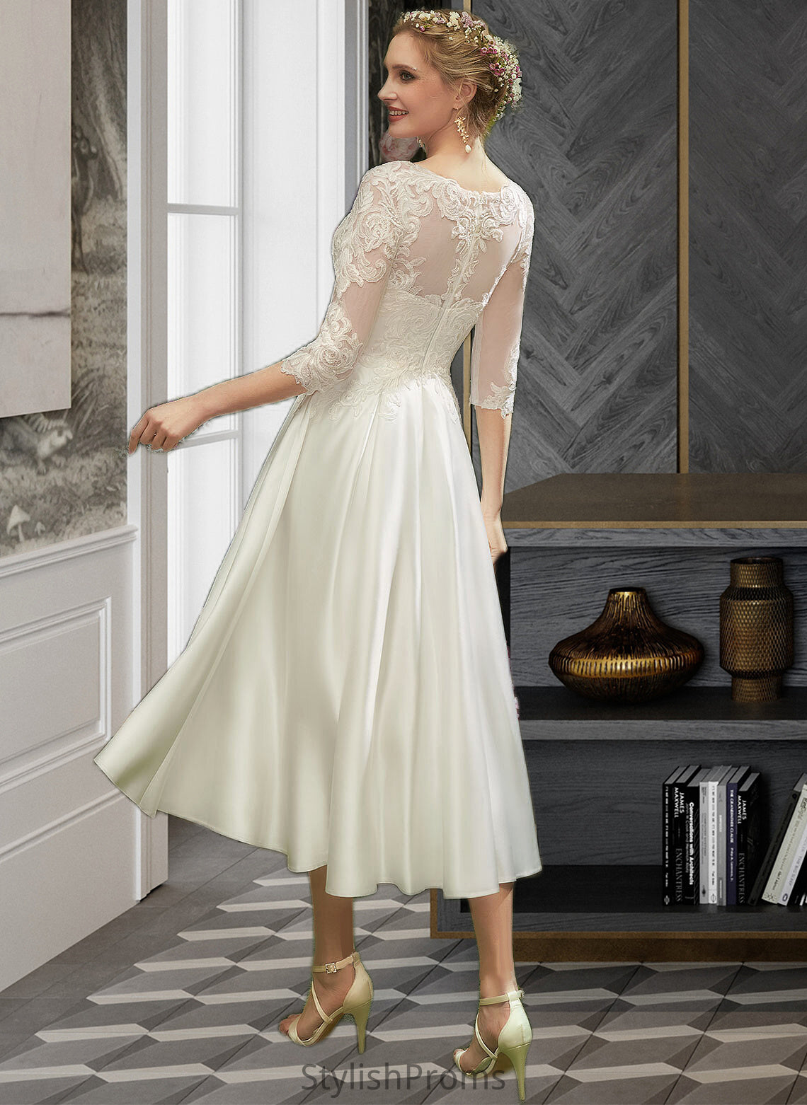 Siena A-Line Illusion Tea-Length Wedding Dress With Lace HQP0013741