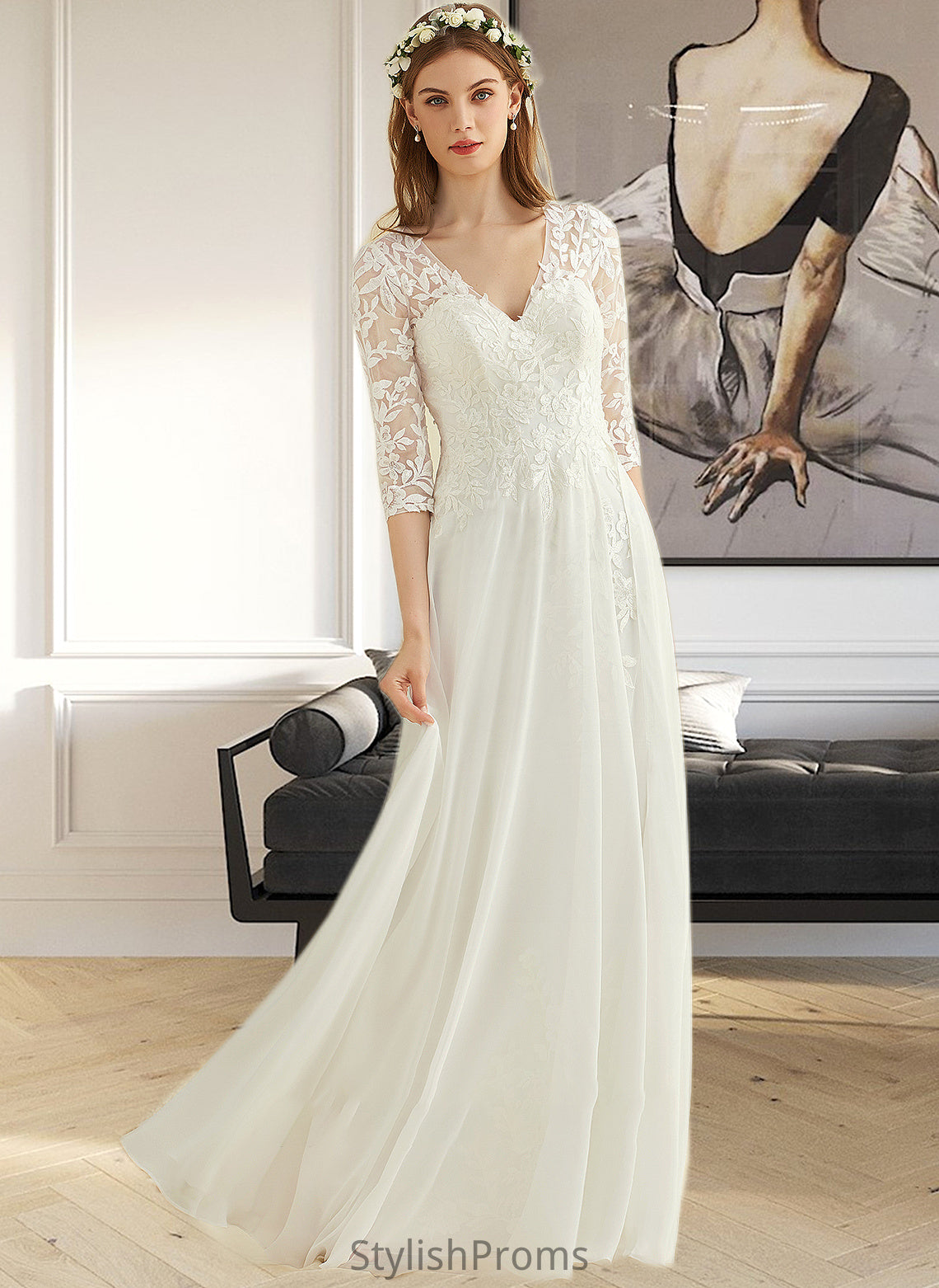 Jazmyn A-Line V-neck Floor-Length Chiffon Lace Wedding Dress HQP0013745