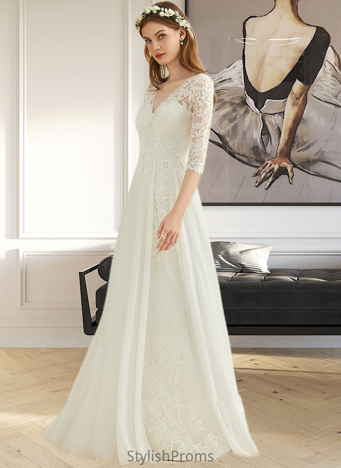 Jazmyn A-Line V-neck Floor-Length Chiffon Lace Wedding Dress HQP0013745