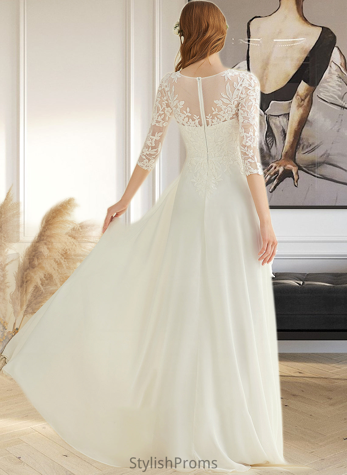 Jazmyn A-Line V-neck Floor-Length Chiffon Lace Wedding Dress HQP0013745