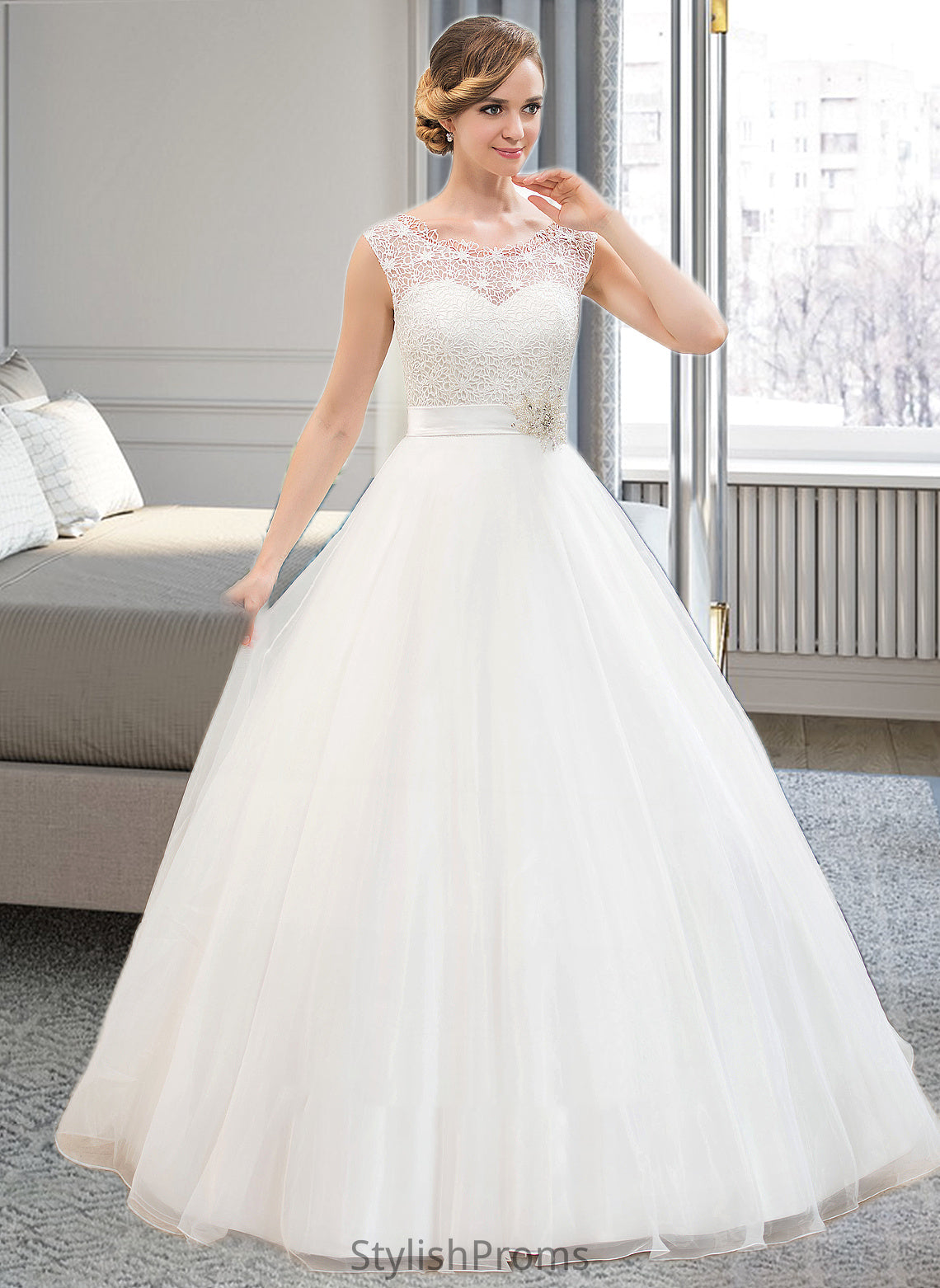 Phoebe Ball-Gown/Princess Scoop Neck Sweep Train Organza Lace Wedding Dress With Beading Sequins HQP0013751