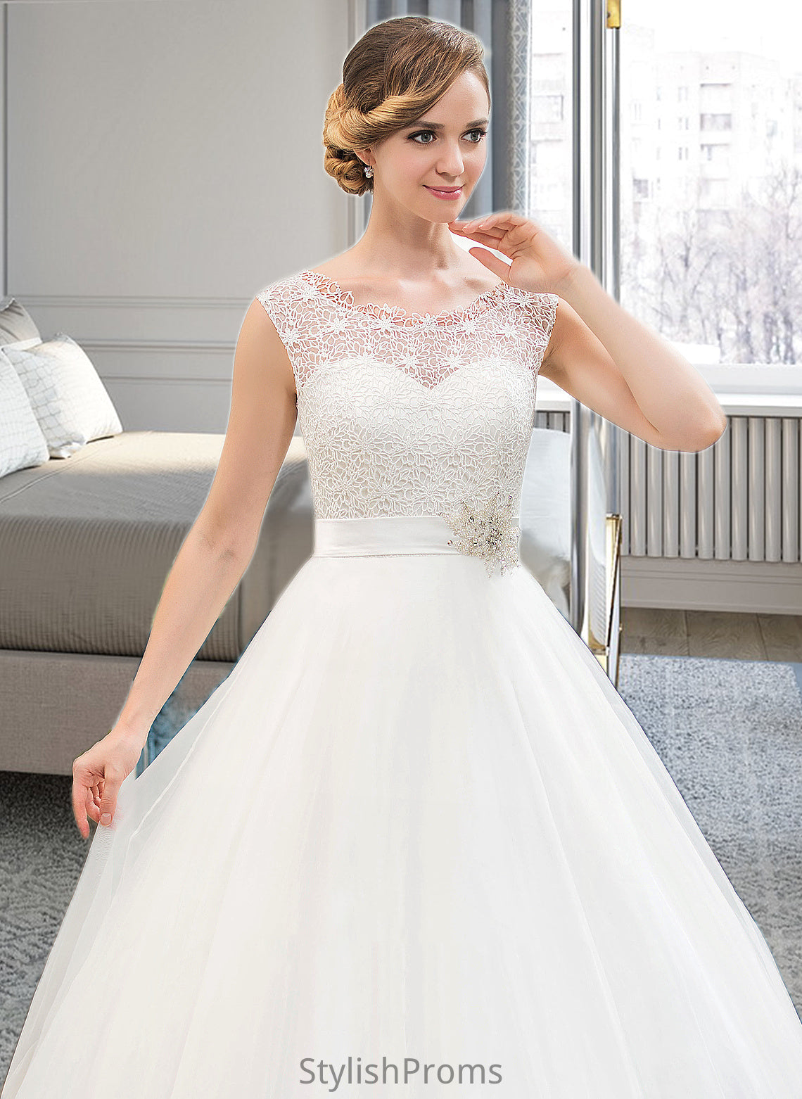 Phoebe Ball-Gown/Princess Scoop Neck Sweep Train Organza Lace Wedding Dress With Beading Sequins HQP0013751