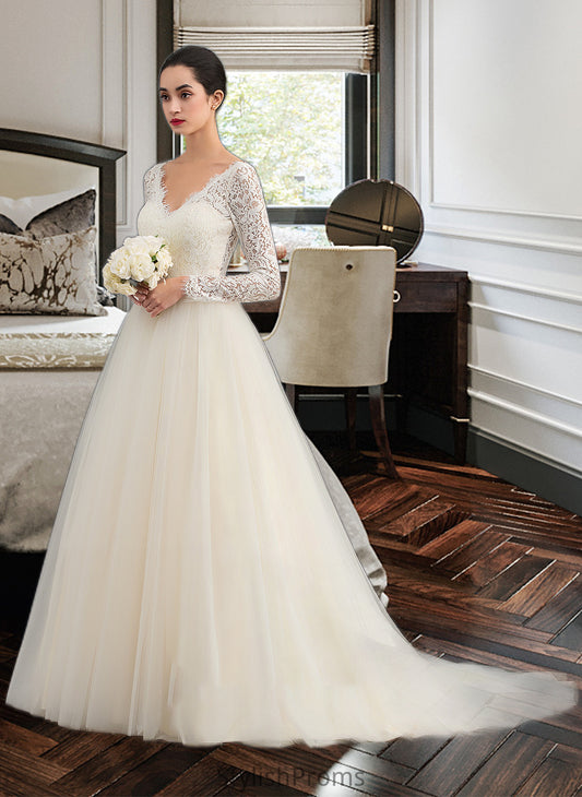 Sonia Ball-Gown/Princess V-neck Court Train Tulle Lace Wedding Dress HQP0013756