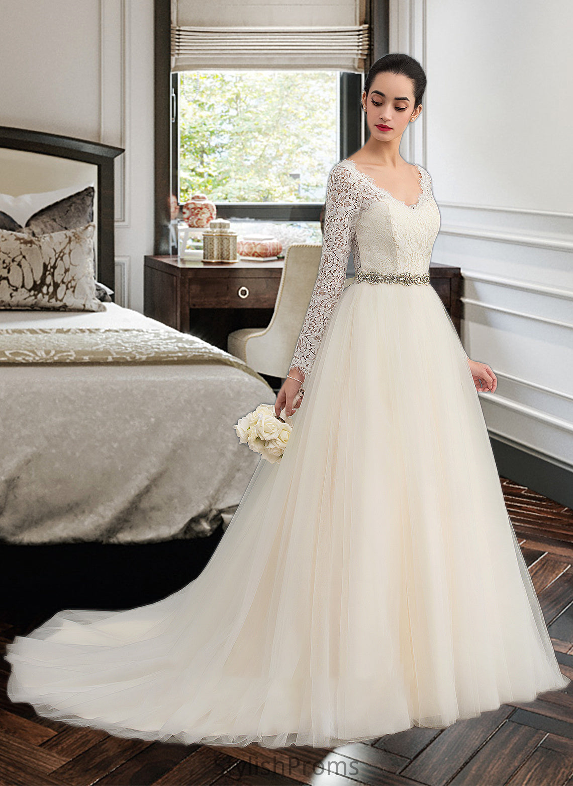 Sonia Ball-Gown/Princess V-neck Court Train Tulle Lace Wedding Dress HQP0013756