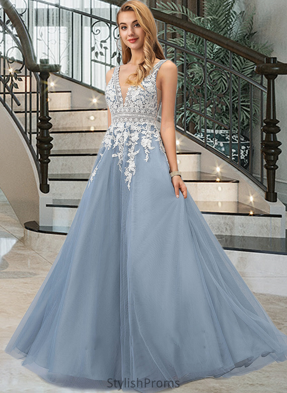 Addison Ball-Gown/Princess V-neck Floor-Length Tulle Wedding Dress With Lace HQP0013763