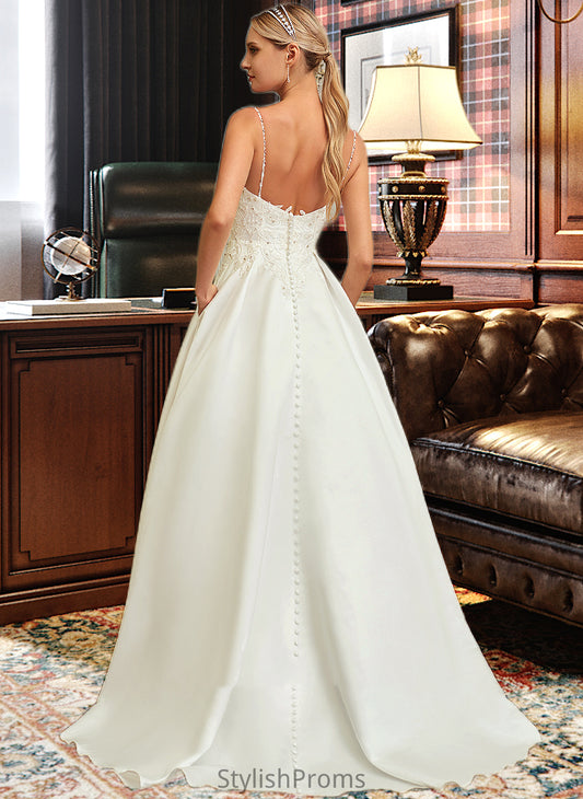 Averi Ball-Gown/Princess V-neck Sweep Train Satin Lace Wedding Dress With Lace Beading Sequins Pockets HQP0013771