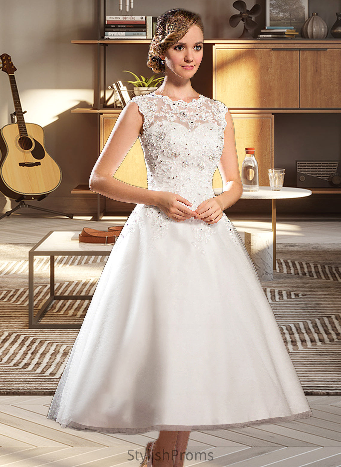 Brylee Ball-Gown/Princess Scoop Neck Tea-Length Tulle Lace Wedding Dress With Beading Sequins HQP0013773