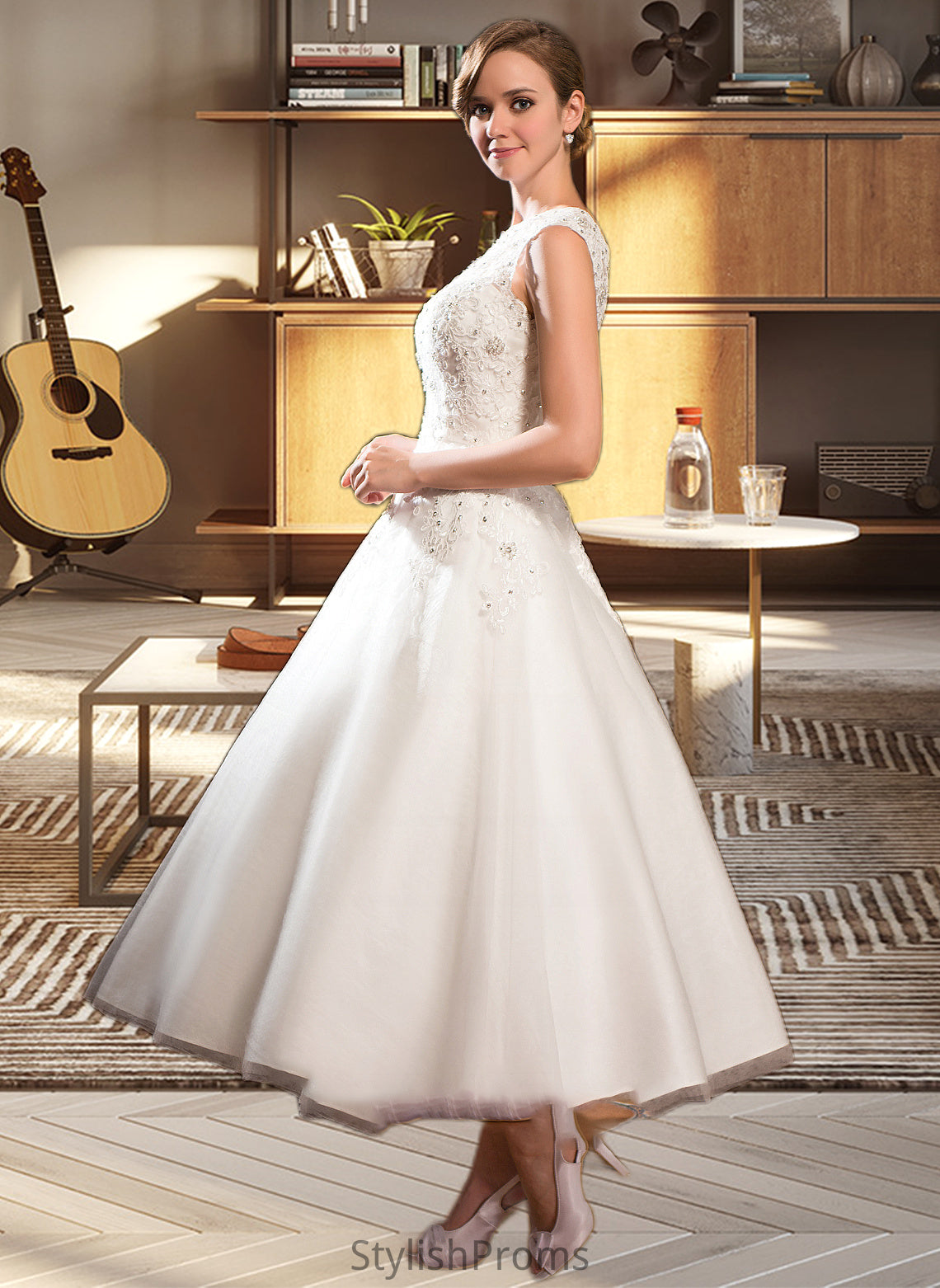 Brylee Ball-Gown/Princess Scoop Neck Tea-Length Tulle Lace Wedding Dress With Beading Sequins HQP0013773