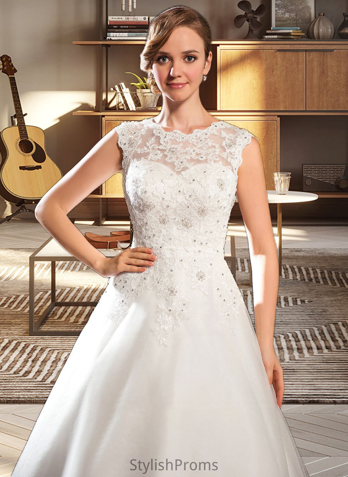 Brylee Ball-Gown/Princess Scoop Neck Tea-Length Tulle Lace Wedding Dress With Beading Sequins HQP0013773