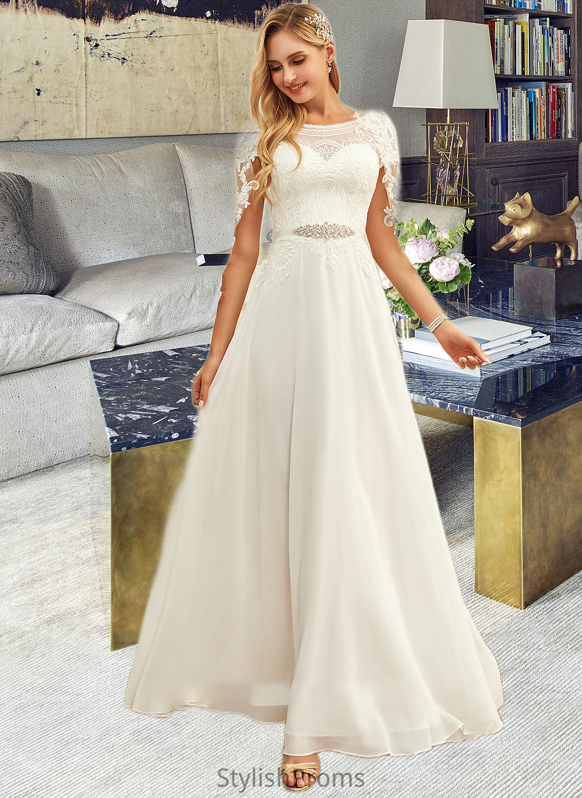 Kit A-Line Scoop Neck Floor-Length Chiffon Lace Wedding Dress With Sequins HQP0013775