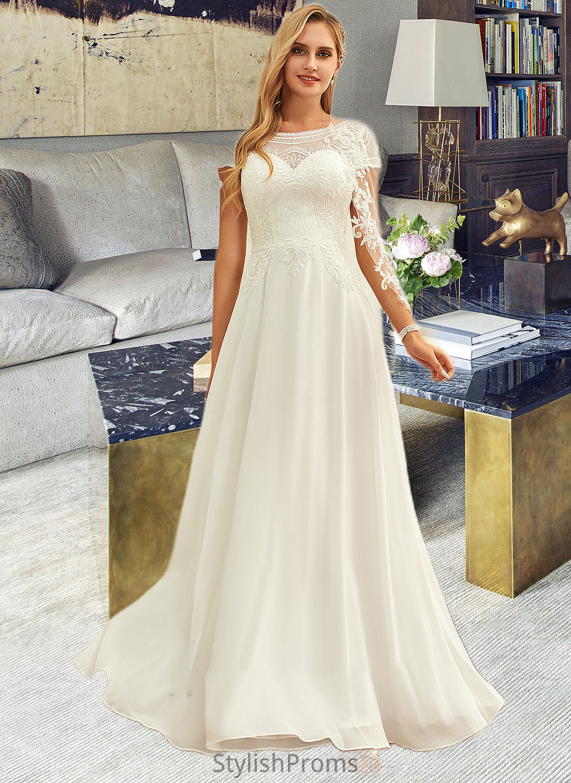 Kit A-Line Scoop Neck Floor-Length Chiffon Lace Wedding Dress With Sequins HQP0013775