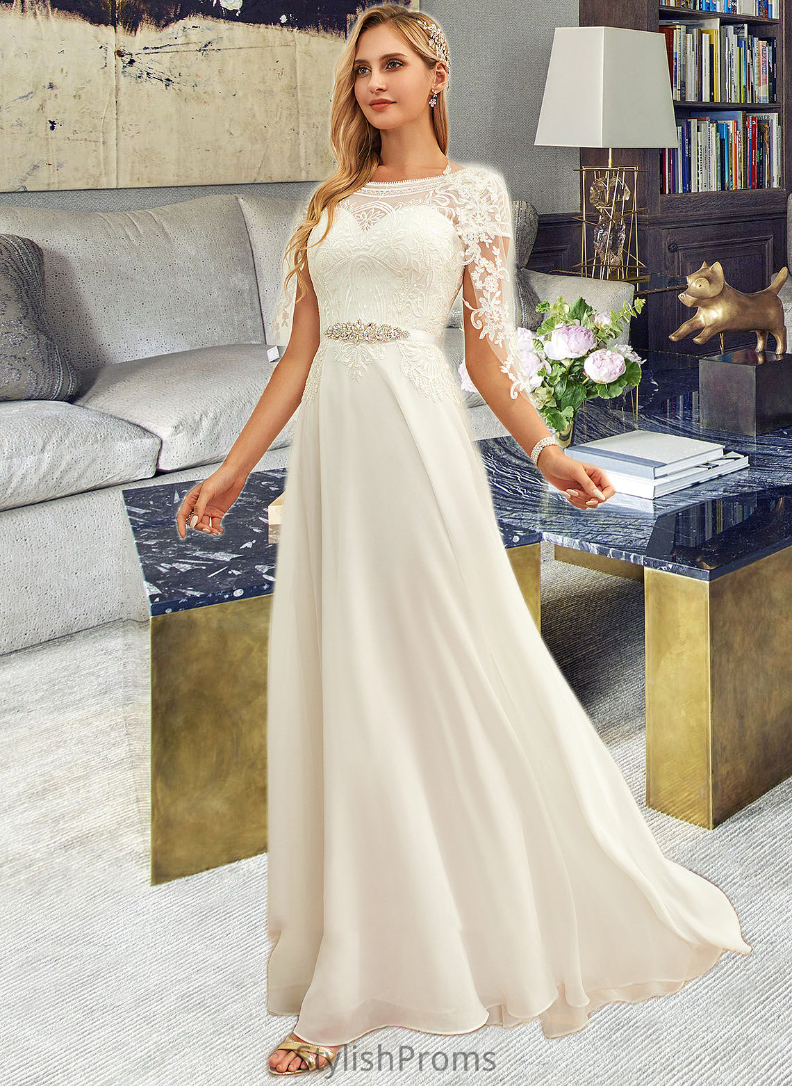 Kit A-Line Scoop Neck Floor-Length Chiffon Lace Wedding Dress With Sequins HQP0013775