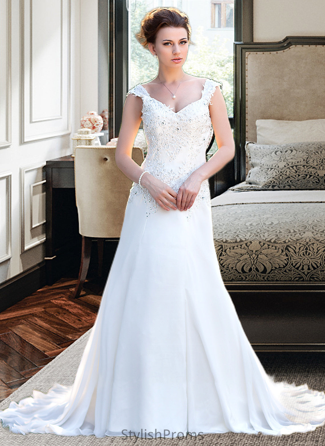 Journey A-Line V-neck Court Train Chiffon Wedding Dress With Lace Beading Sequins HQP0013776