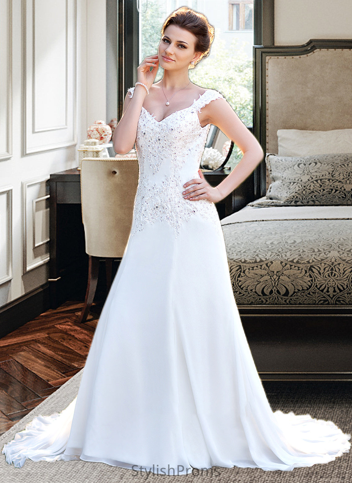 Journey A-Line V-neck Court Train Chiffon Wedding Dress With Lace Beading Sequins HQP0013776