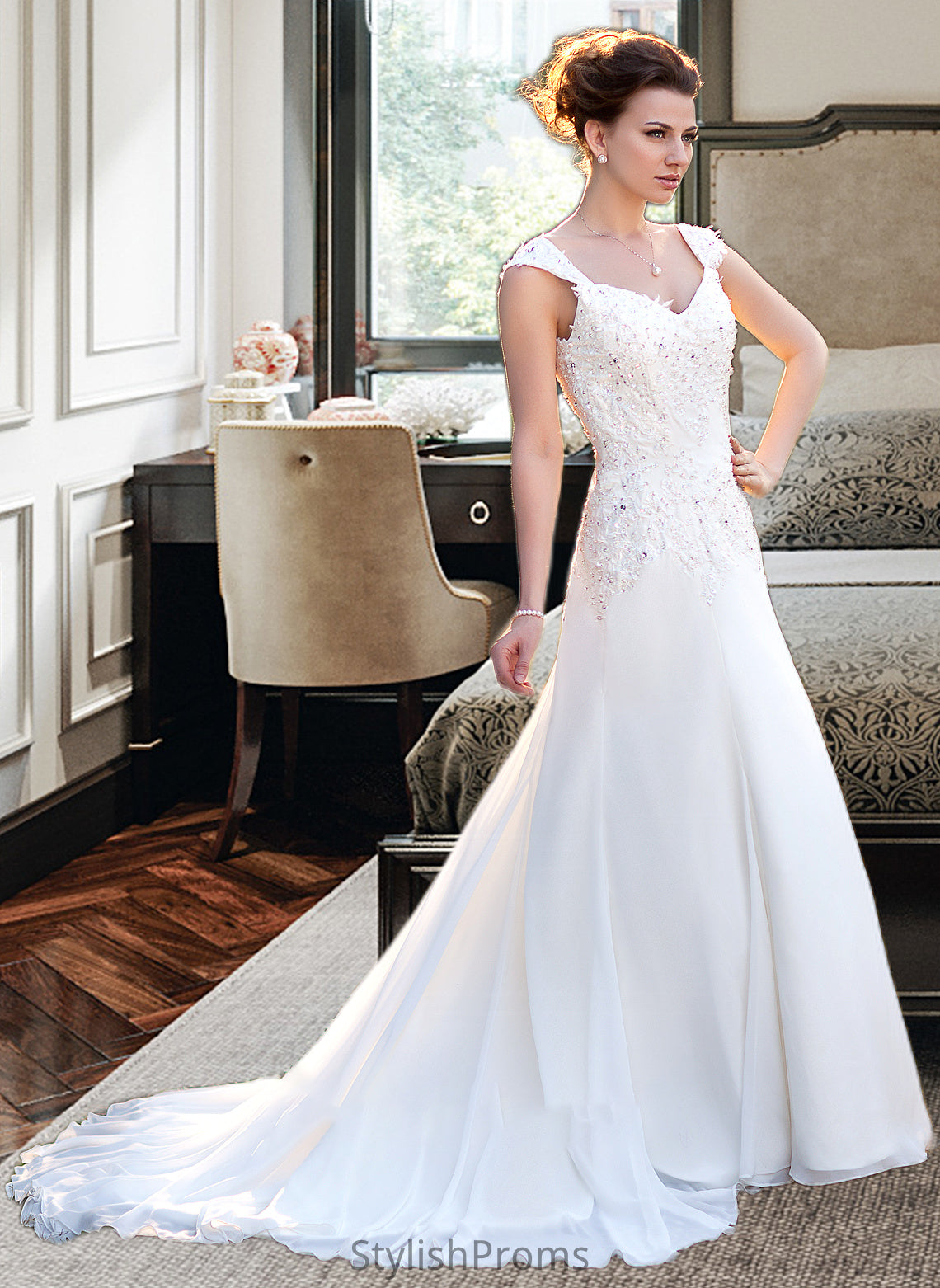 Journey A-Line V-neck Court Train Chiffon Wedding Dress With Lace Beading Sequins HQP0013776