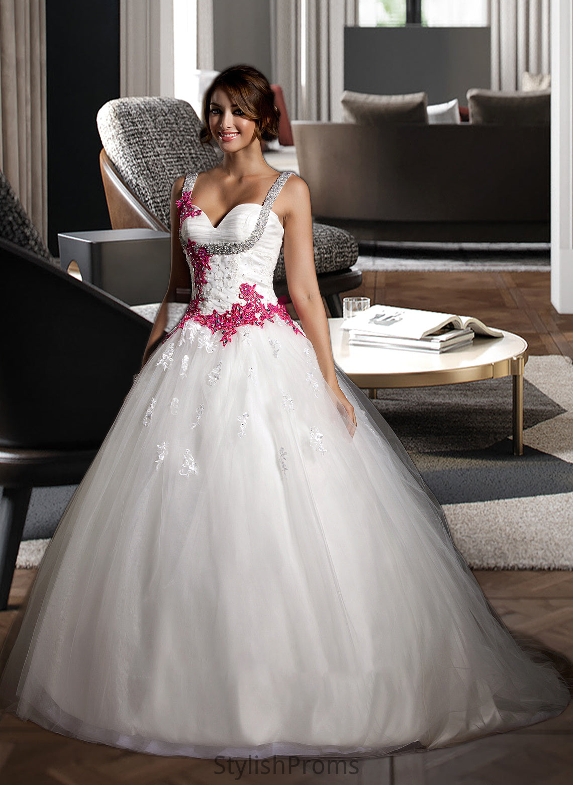 Joslyn Ball-Gown/Princess Sweetheart Chapel Train Tulle Wedding Dress With Ruffle Appliques Lace Bow(s) HQP0013780