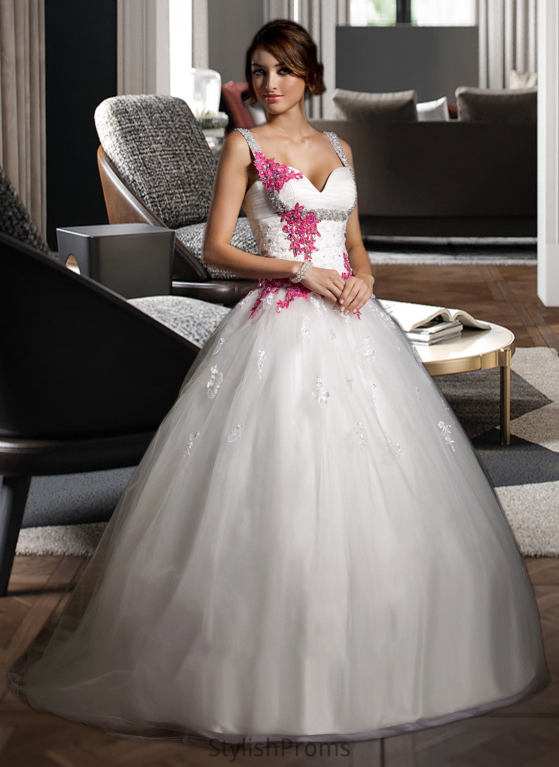 Joslyn Ball-Gown/Princess Sweetheart Chapel Train Tulle Wedding Dress With Ruffle Appliques Lace Bow(s) HQP0013780