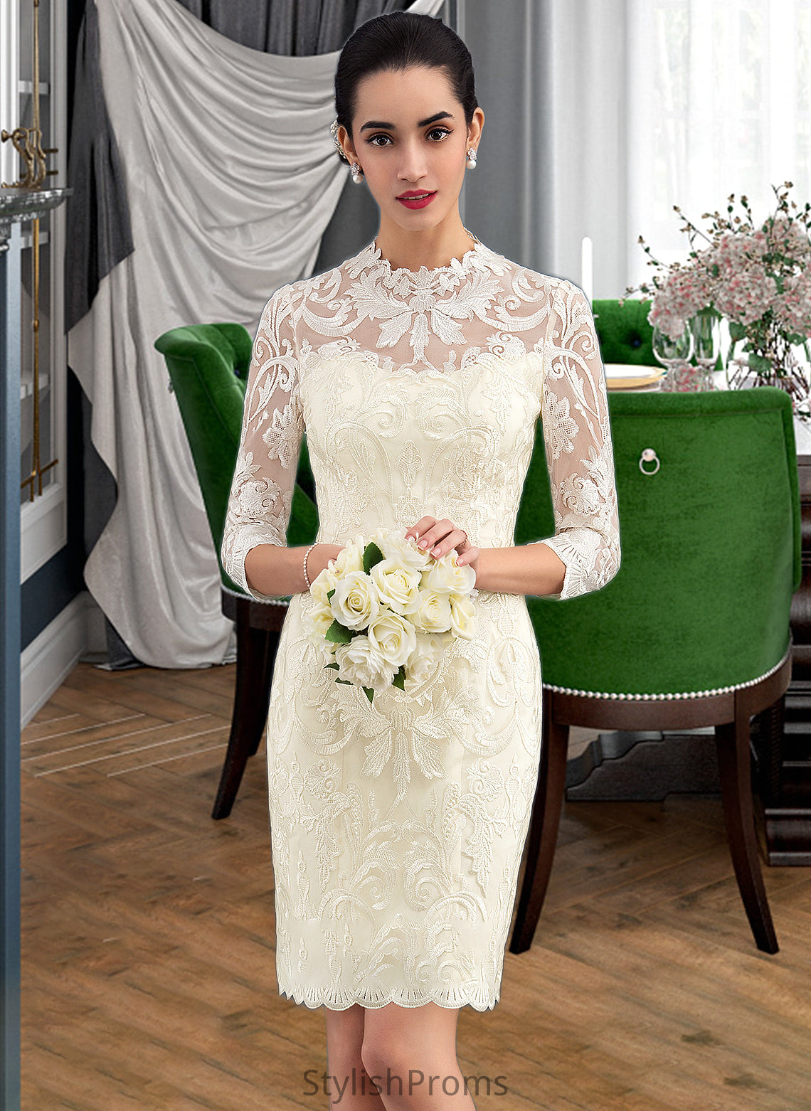 Noelle Sheath/Column High Neck Knee-Length Lace Wedding Dress HQP0013781