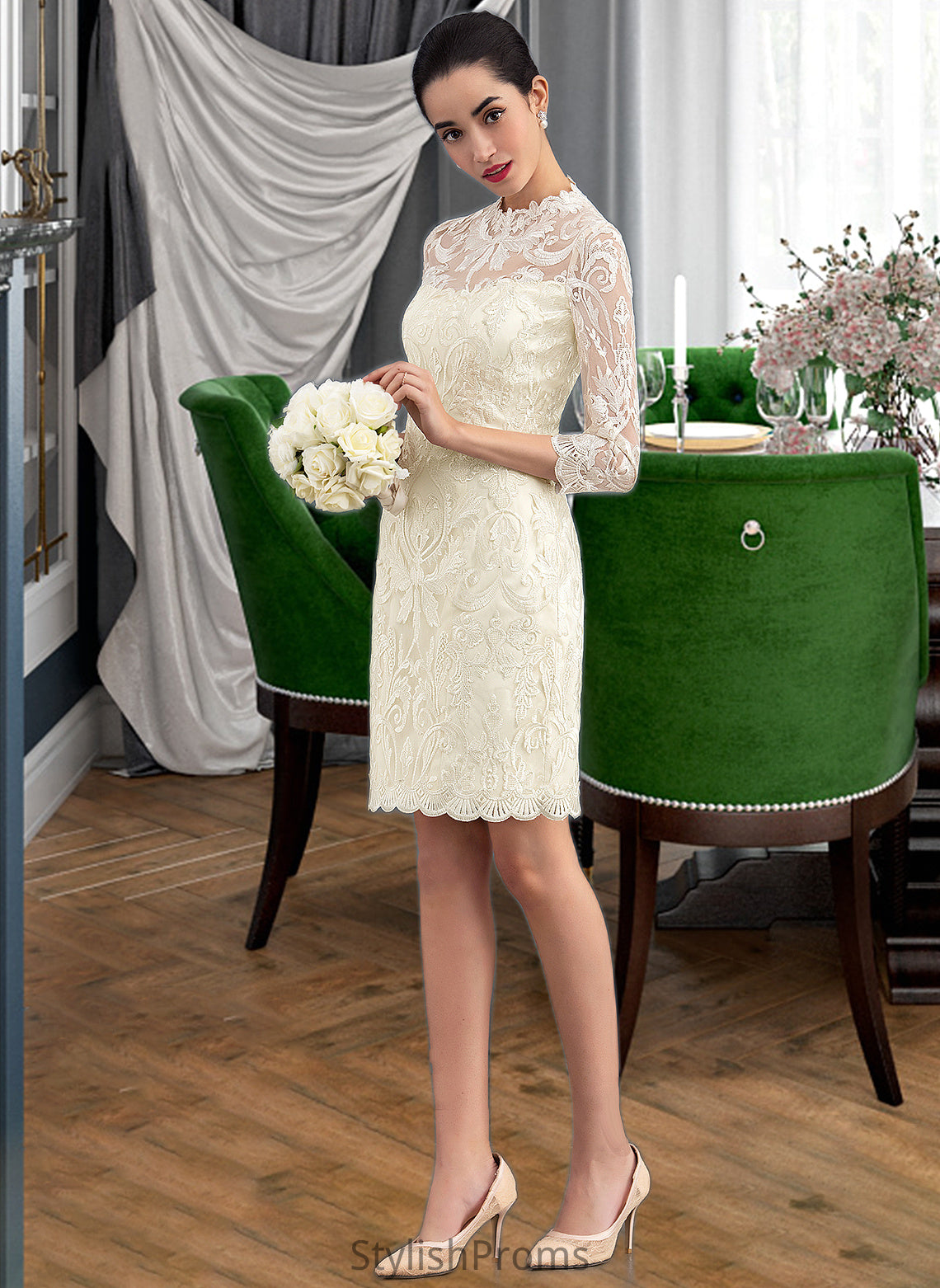 Noelle Sheath/Column High Neck Knee-Length Lace Wedding Dress HQP0013781