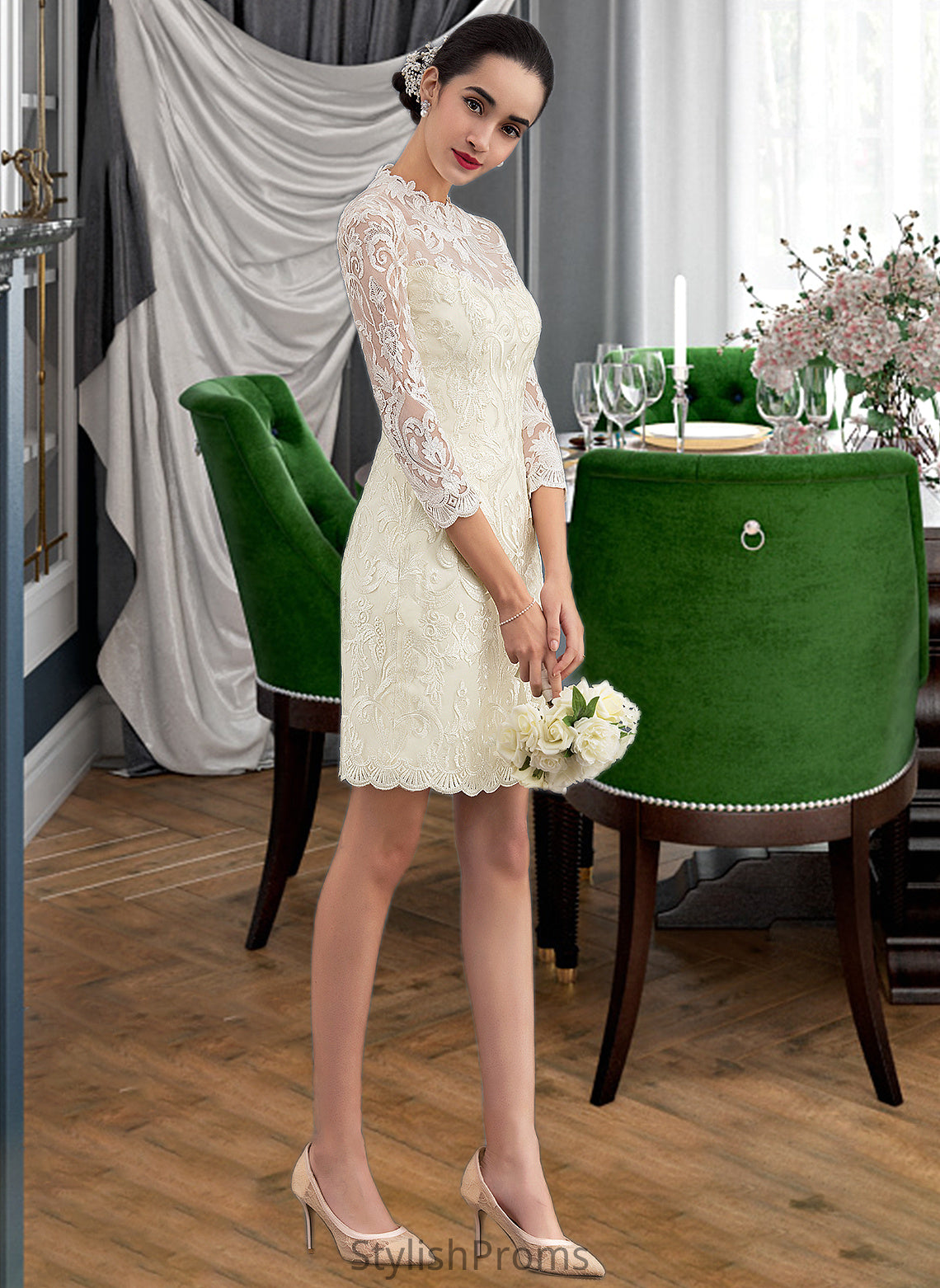 Noelle Sheath/Column High Neck Knee-Length Lace Wedding Dress HQP0013781