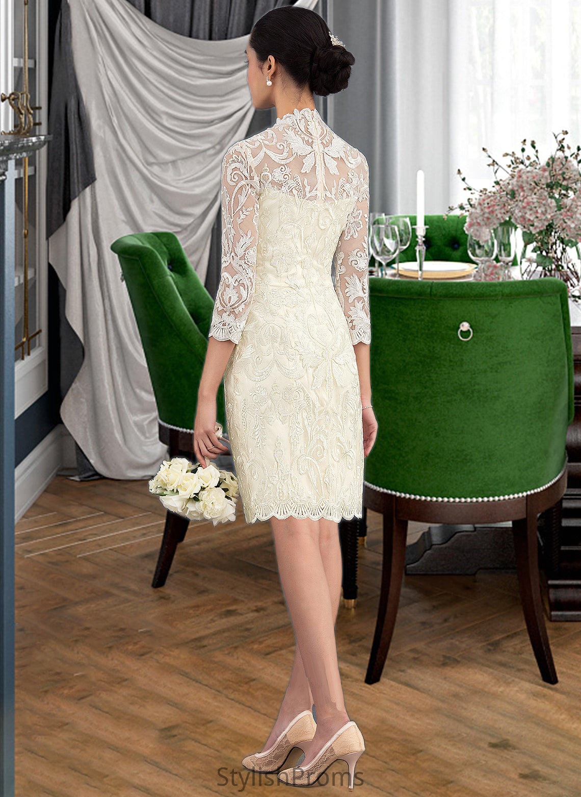 Noelle Sheath/Column High Neck Knee-Length Lace Wedding Dress HQP0013781