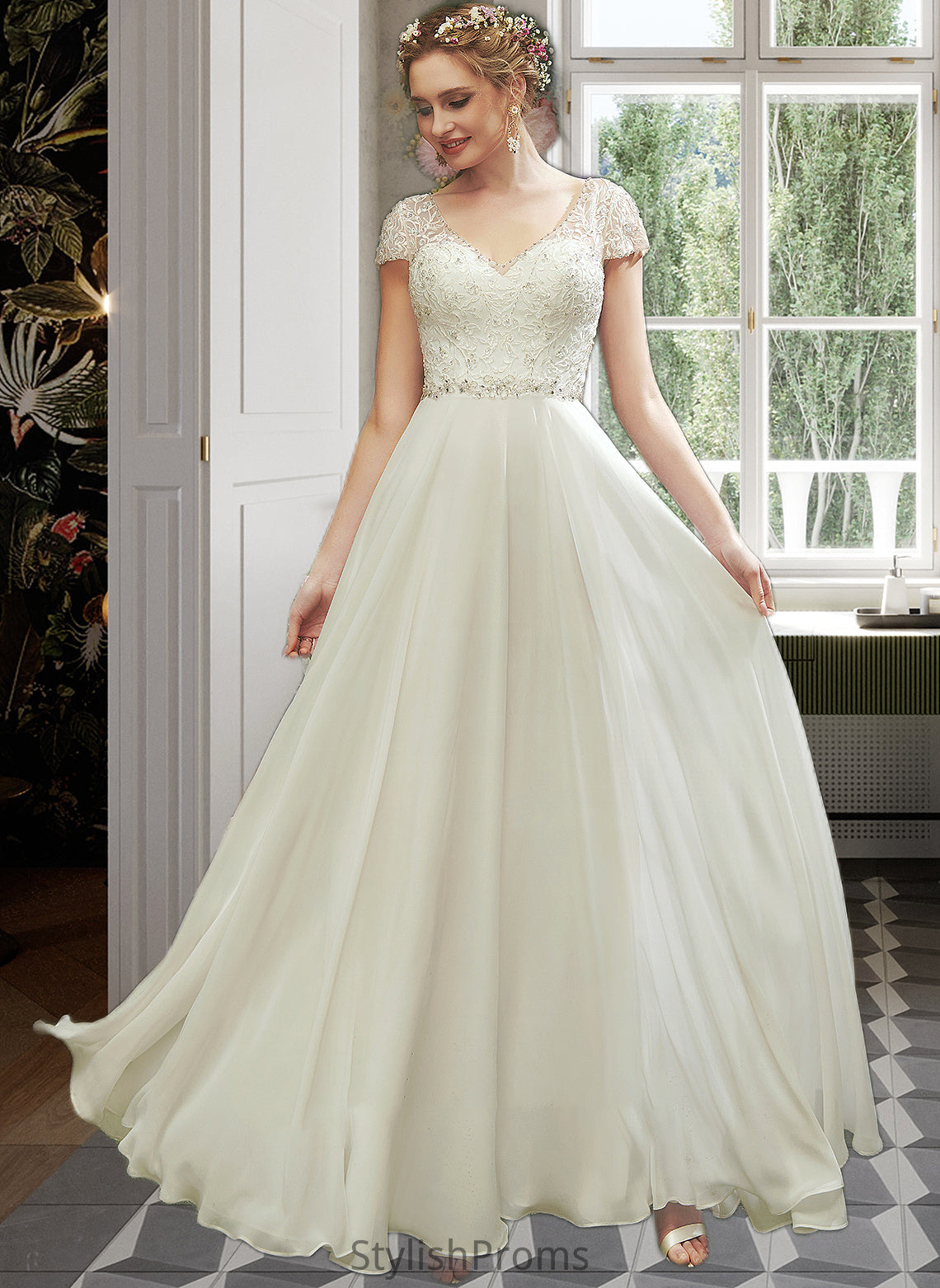 Destiny A-Line V-neck Floor-Length Wedding Dress With Lace Beading Sequins HQP0013784